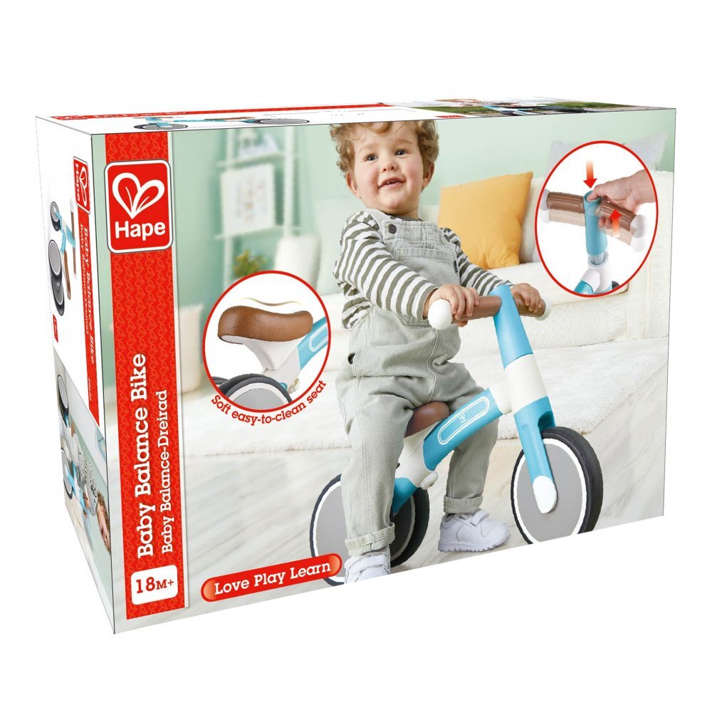 HAPE Tricicleta copii de echilibru cu 3 roti albastru deschis cadru usor de aluminiu scaun reglabil roti fabricate din material spumant TPU moale si flexibil de la 18 luni