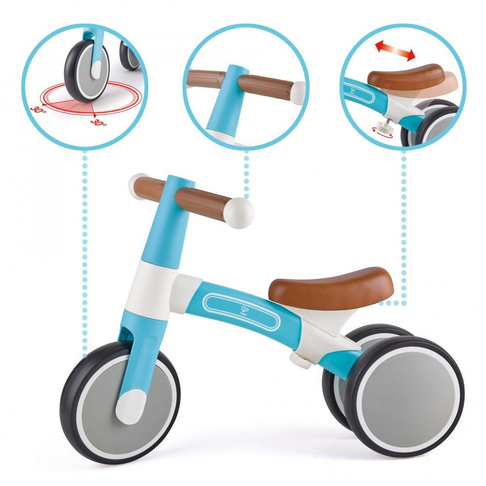 HAPE Tricicleta copii de echilibru cu 3 roti albastru deschis cadru usor de aluminiu scaun reglabil roti fabricate din material spumant TPU moale si flexibil de la 18 luni