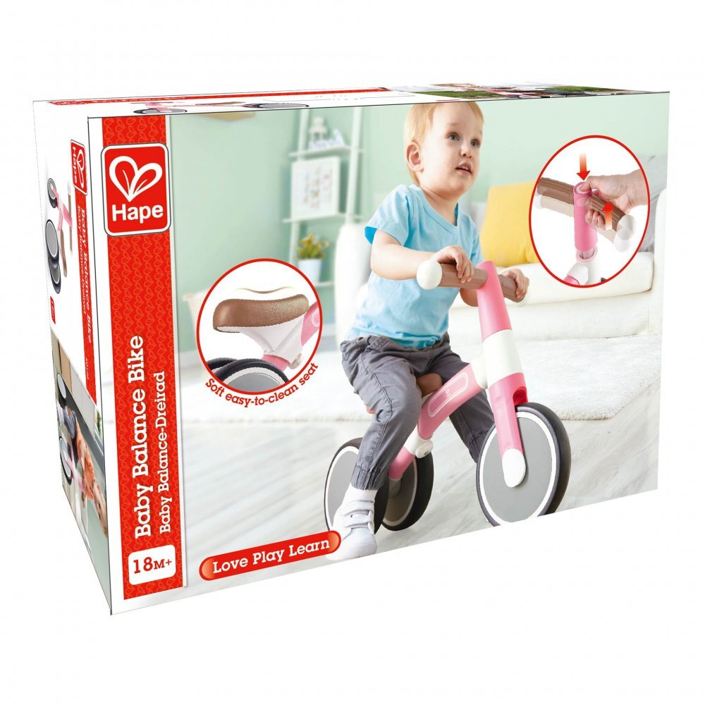 HAPE Tricicleta copii de echilibru cu 3 roti roz deschis cadru usor de aluminiu scaun reglabil roti fabricate din material spumant TPU moale si flexibil de la 18 luni