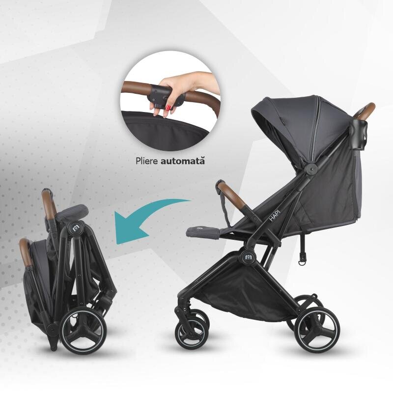 Hapi Carucior pentru copii Marlin Petrol Grey ultrapliabil cu pliere automata copertina cu protectie UV spatar reglabil pozitie verticala dupa pliere certificat pana la 22 kg