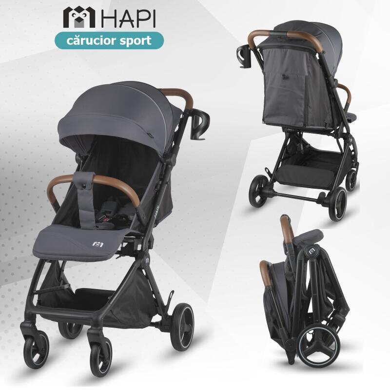 Hapi Carucior pentru copii Marlin Petrol Grey ultrapliabil cu pliere automata copertina cu protectie UV spatar reglabil pozitie verticala dupa pliere certificat pana la 22 kg