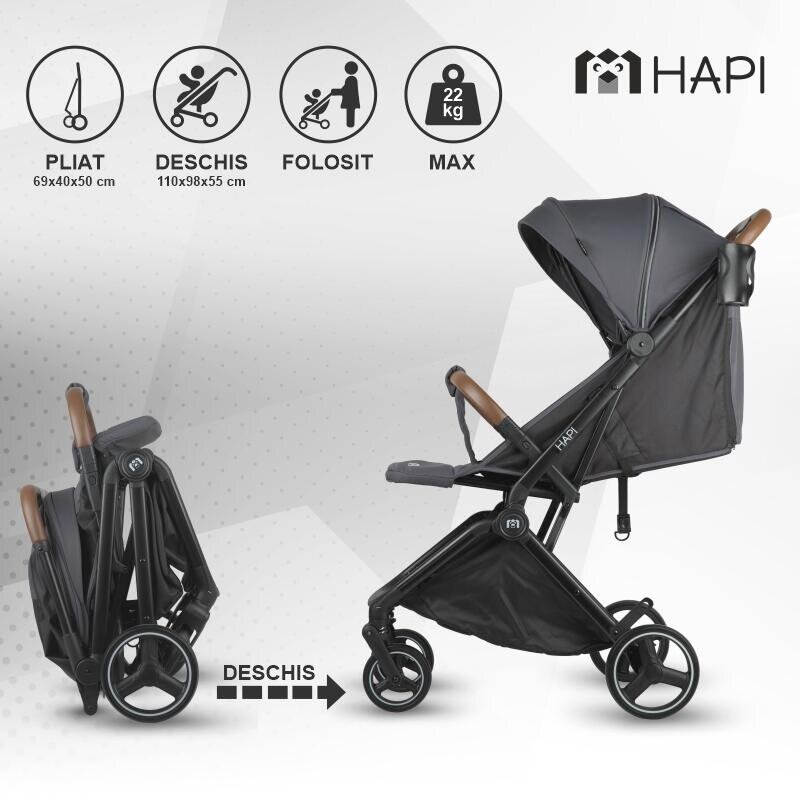 Hapi Carucior pentru copii Marlin Petrol Grey ultrapliabil cu pliere automata copertina cu protectie UV spatar reglabil pozitie verticala dupa pliere certificat pana la 22 kg