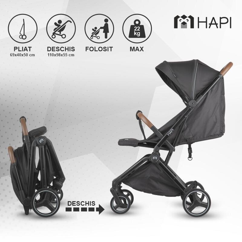 Hapi Carucior pentru copii Marlin Shadow Black ultrapliabil cu pliere automata copertina cu protectie UV spatar reglabil pozitie verticala dupa pliere certificat pana la 22 kg