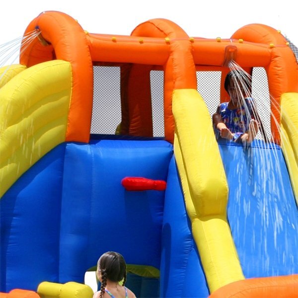 Happy Hop Saltea gonflabila mini Water Park cu spatiu de catarat trei tobogane cos de baschet si tunel