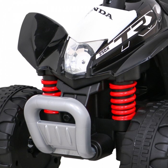 Honda Atv electric pentru copii 250X TRX 64x38x43 cm negru 30W cu panou audio lumini scaun piele si pedala acceleratie