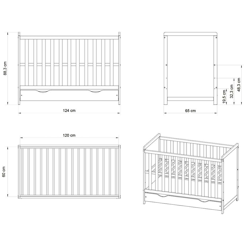 Hubners Patut copii din lemn Paula 120x60 alb cu sertar