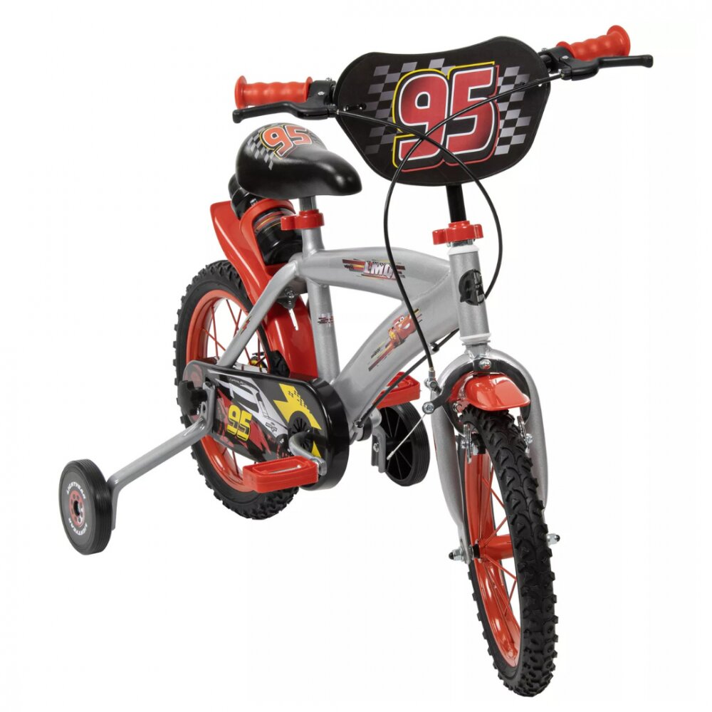 Huffy Bicicleta copii Cars 14 inch cu roti ajutatoare si sticluta de apa cu suport varsta 4-6 ani inaltimea 105-117 cm scaun si ghidon reglabile pe inaltime anvelope cu profil gros