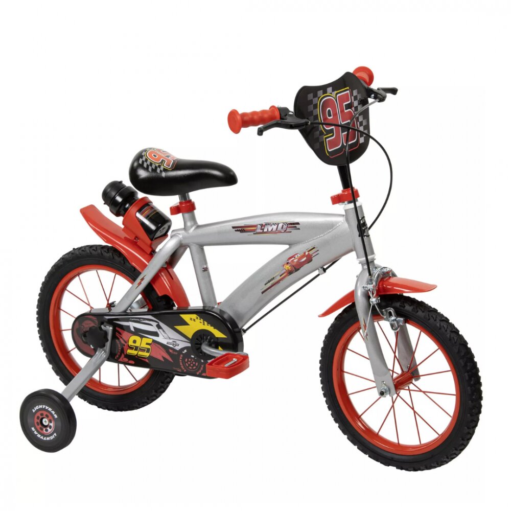 Huffy Bicicleta copii Cars 14 inch cu roti ajutatoare si sticluta de apa cu suport varsta 4-6 ani inaltimea 105-117 cm scaun si ghidon reglabile pe inaltime anvelope cu profil gros