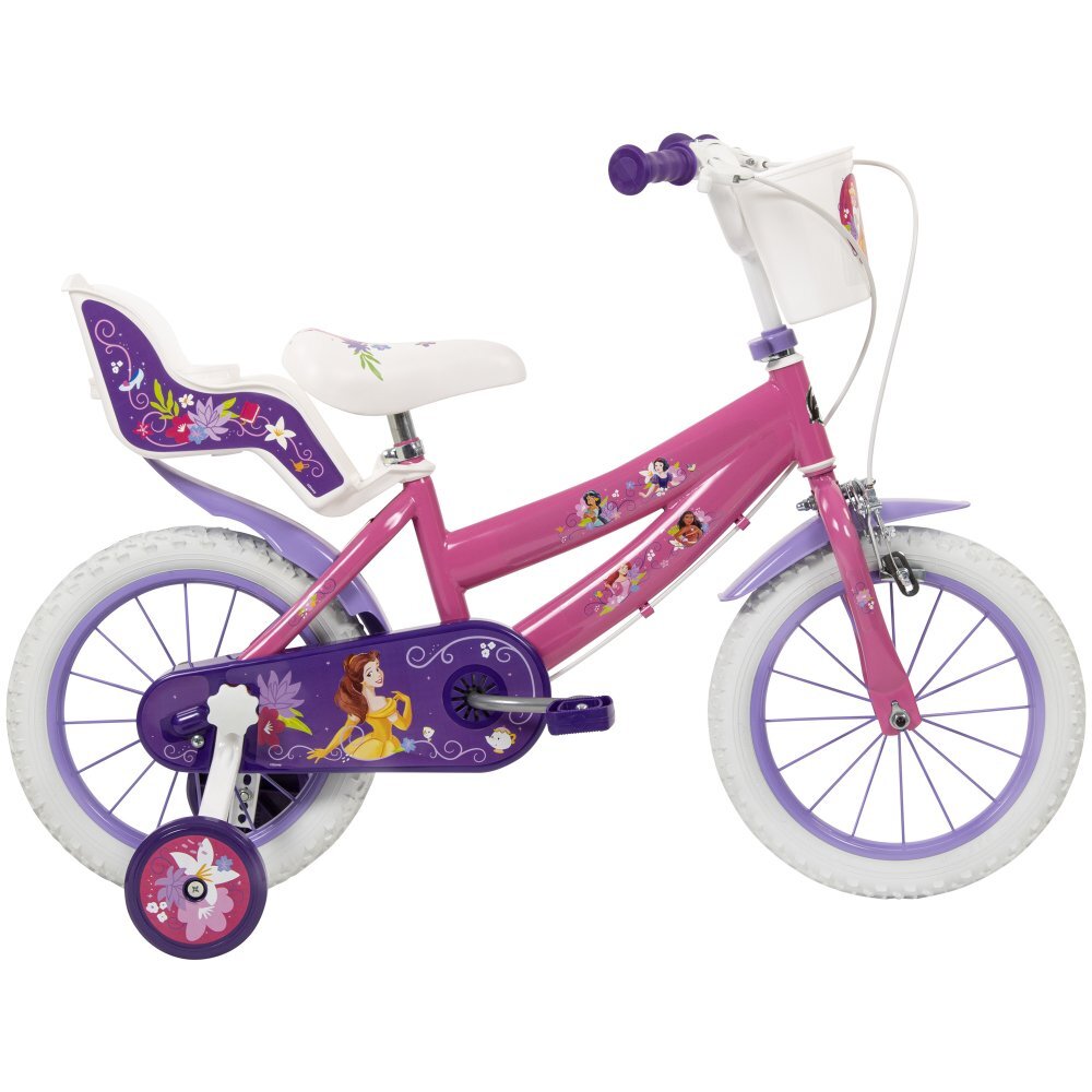 Huffy Bicicleta copii Disney Princess 24414W 14 inch roti ajutatoare si cosulet pentru copii cu varsta intre 4 si 6 ani sau cu inaltimea pana la 110 cm frana de mana pe ambele roti anvelope cu profil gros scaun reglabil