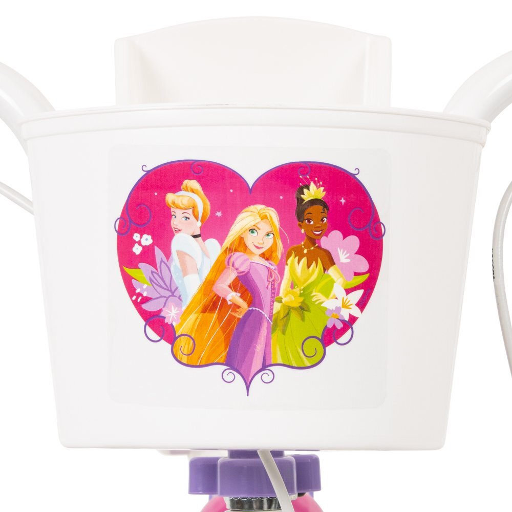 Huffy Bicicleta copii Disney Princess 24414W 14 inch roti ajutatoare si cosulet pentru copii cu varsta intre 4 si 6 ani sau cu inaltimea pana la 110 cm frana de mana pe ambele roti anvelope cu profil gros scaun reglabil