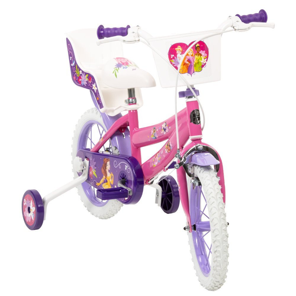 Huffy Bicicleta copii Disney Princess 24414W 14 inch roti ajutatoare si cosulet pentru copii cu varsta intre 4 si 6 ani sau cu inaltimea pana la 110 cm frana de mana pe ambele roti anvelope cu profil gros scaun reglabil