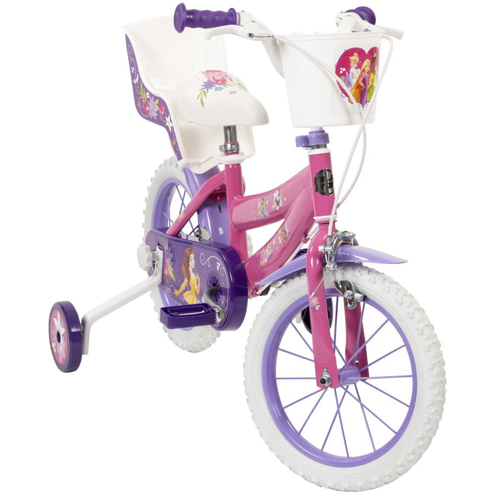 Huffy Bicicleta copii Disney Princess 24414W 14 inch roti ajutatoare si cosulet pentru copii cu varsta intre 4 si 6 ani sau cu inaltimea pana la 110 cm frana de mana pe ambele roti anvelope cu profil gros scaun reglabil