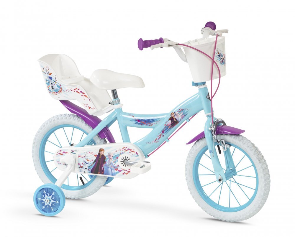 Huffy Bicicleta copii Frozen II 14 inch roti ajutatoare si cosulet pentru copii cu varsta intre 4 si 6 ani sau cu inaltimea pana la 110 cm frana de mana pe ambele roti anvelope cu profil gros scaun reglabil