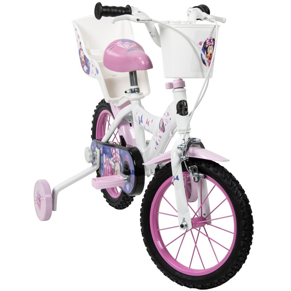 Huffy Bicicleta copii Minnie 14 inch roti ajutatoare si cosulet pentru copii cu varsta intre 4 si 6 ani sau cu inaltimea pana la 110 cm frana de mana pe ambele roti anvelope cu profil gros scaun reglabil