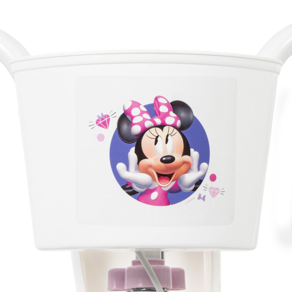 Huffy Bicicleta copii Minnie 14 inch roti ajutatoare si cosulet pentru copii cu varsta intre 4 si 6 ani sau cu inaltimea pana la 110 cm frana de mana pe ambele roti anvelope cu profil gros scaun reglabil