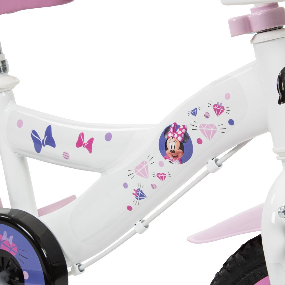 Huffy Bicicleta copii Minnie 14 inch roti ajutatoare si cosulet pentru copii cu varsta intre 4 si 6 ani sau cu inaltimea pana la 110 cm frana de mana pe ambele roti anvelope cu profil gros scaun reglabil