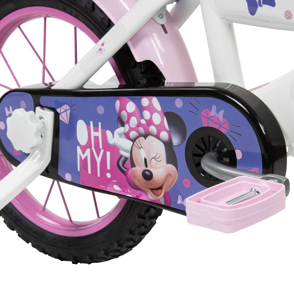 Huffy Bicicleta copii Minnie 14 inch roti ajutatoare si cosulet pentru copii cu varsta intre 4 si 6 ani sau cu inaltimea pana la 110 cm frana de mana pe ambele roti anvelope cu profil gros scaun reglabil