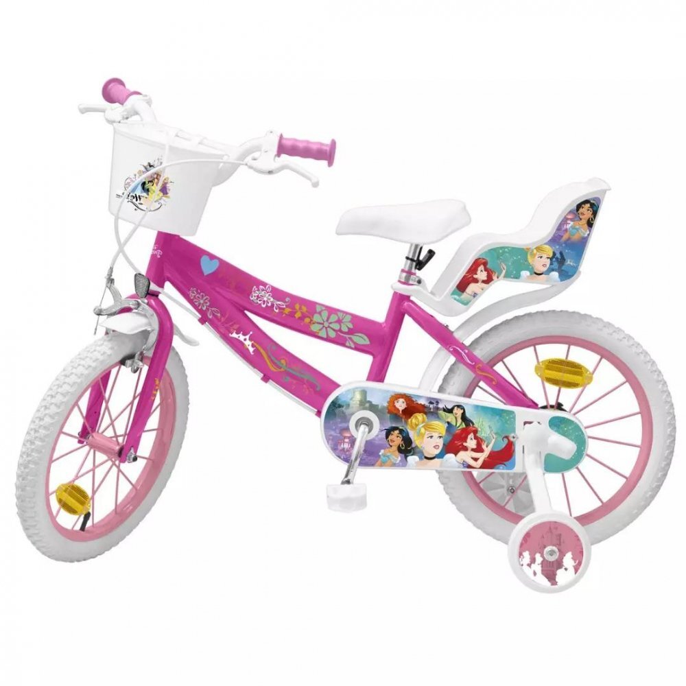 Huffy Bicicleta copii Princess 16 inch cu roti ajutatoare si cosuletde la 5 ani inaltimea recomandata 110-20 cm cosulet accesorii in fata si scaunel pentru papusa in spate