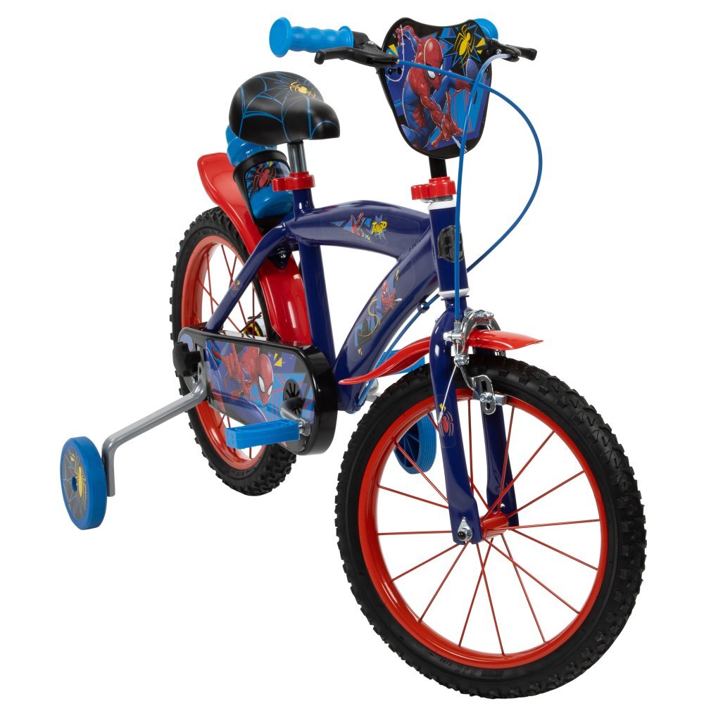Huffy Bicicleta copii Spiderman 21804W 16 inch cu roti ajutatoare si sticluta de apa cu suport frana de mana pe ambele roti scaun si ghidon reglabile scut frontal anvelope cu profil gros