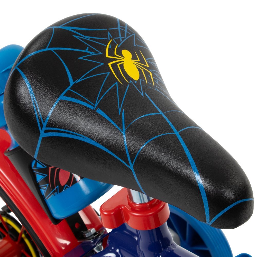 Huffy Bicicleta copii Spiderman 21804W 16 inch cu roti ajutatoare si sticluta de apa cu suport frana de mana pe ambele roti scaun si ghidon reglabile scut frontal anvelope cu profil gros
