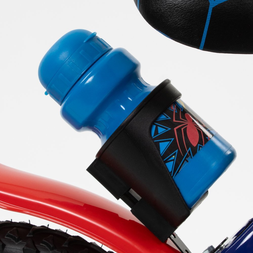 Huffy Bicicleta copii Spiderman 21804W 16 inch cu roti ajutatoare si sticluta de apa cu suport frana de mana pe ambele roti scaun si ghidon reglabile scut frontal anvelope cu profil gros