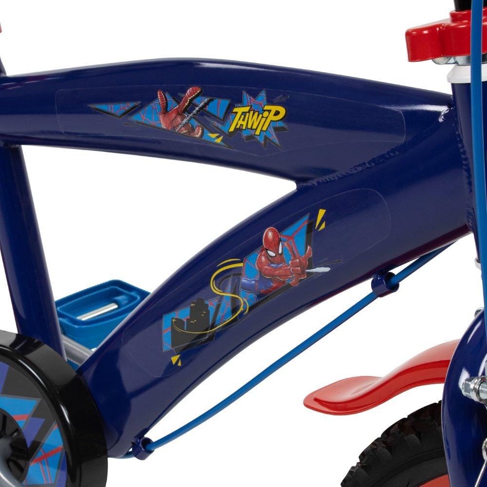 Huffy Bicicleta copii Spiderman 21804W 16 inch cu roti ajutatoare si sticluta de apa cu suport frana de mana pe ambele roti scaun si ghidon reglabile scut frontal anvelope cu profil gros
