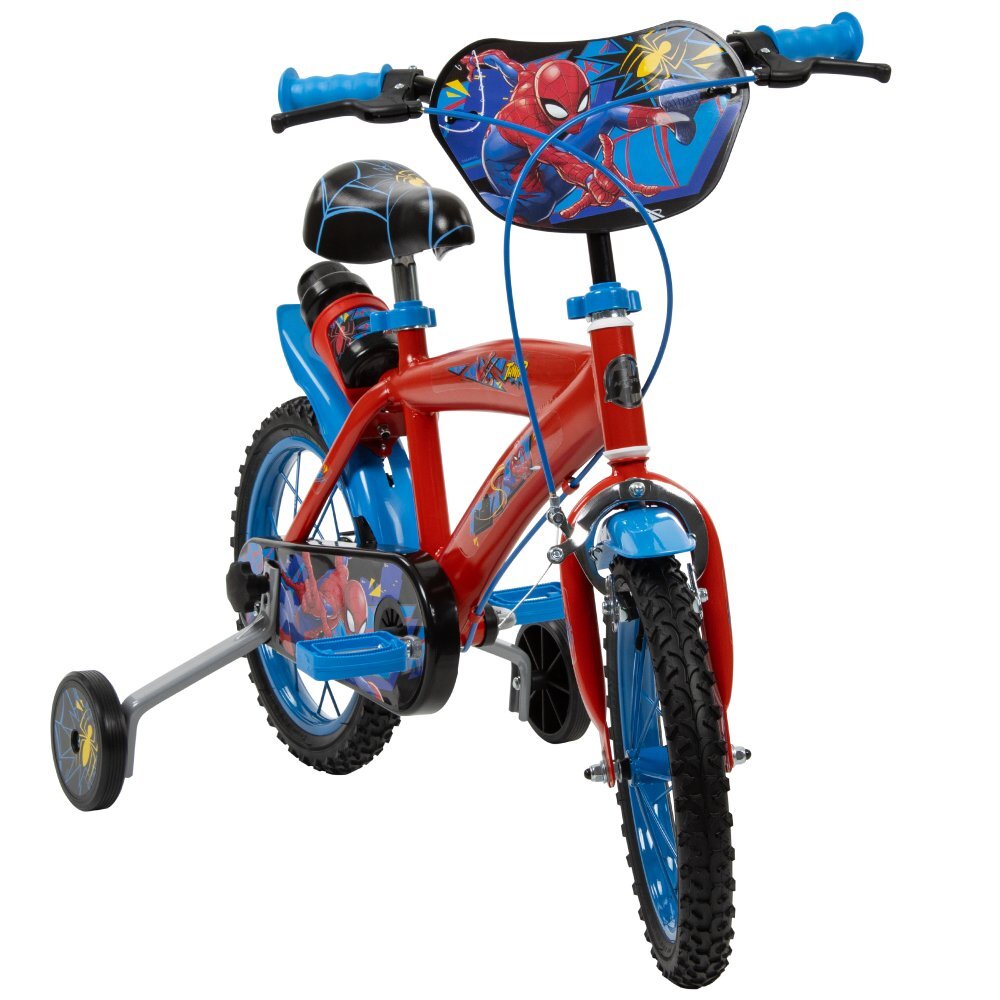 Huffy Bicicleta copii Spiderman 24944W 14 inch cu roti ajutatoare si sticluta de apa cu suport varsta 4-6 ani inaltimea 105-117 cm scaun si ghidon reglabile pe inaltime anvelope cu profil gros