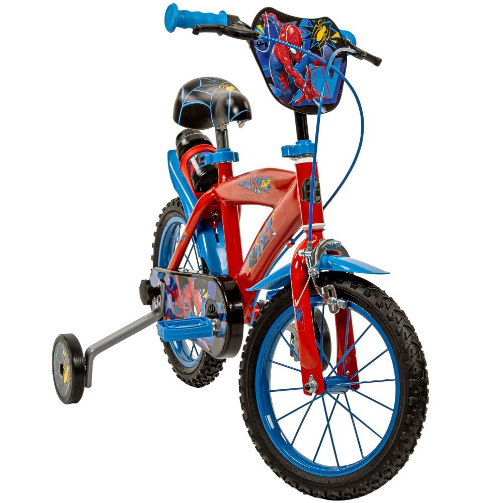 Huffy Bicicleta copii Spiderman 24944W 14 inch cu roti ajutatoare si sticluta de apa cu suport varsta 4-6 ani inaltimea 105-117 cm scaun si ghidon reglabile pe inaltime anvelope cu profil gros