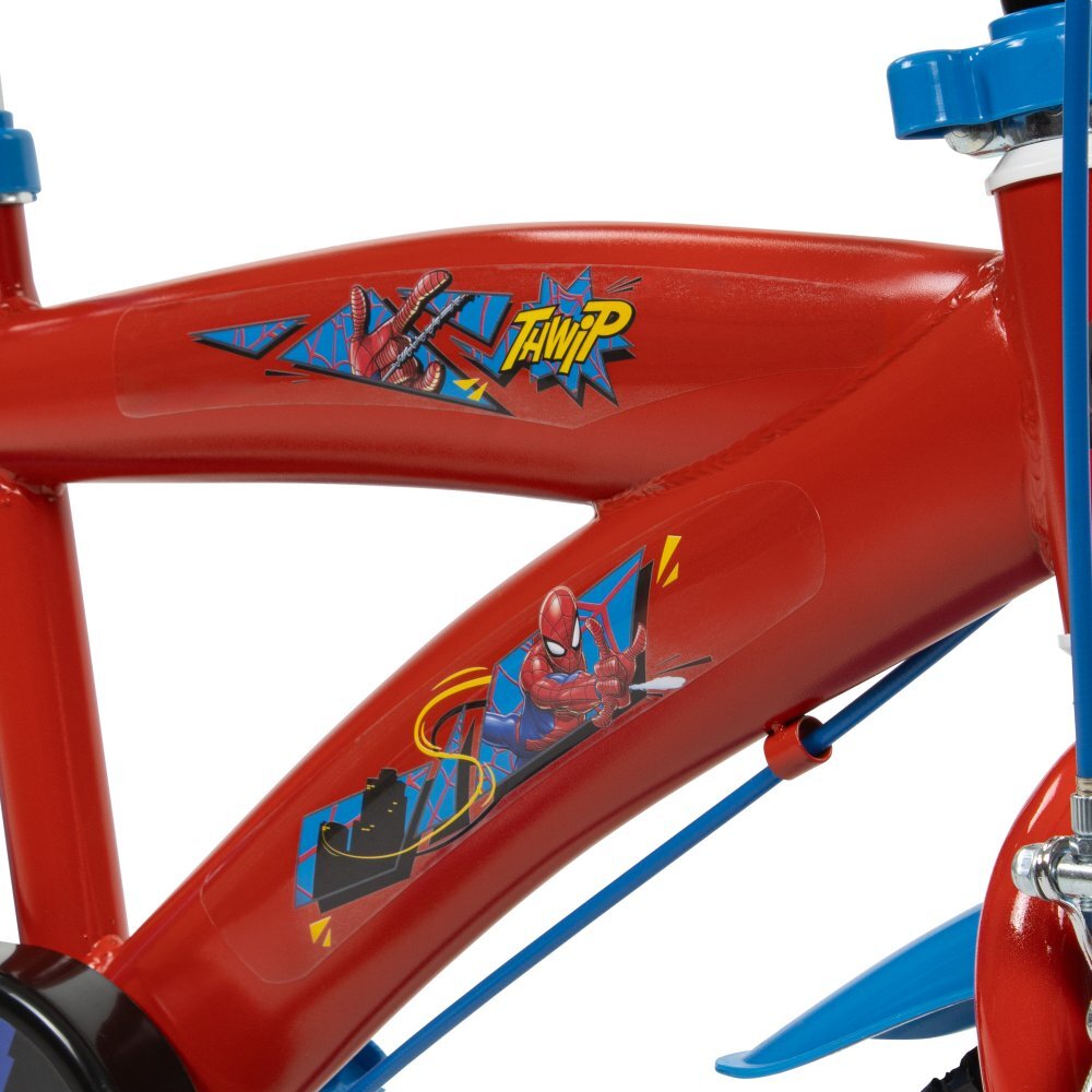 Huffy Bicicleta copii Spiderman 24944W 14 inch cu roti ajutatoare si sticluta de apa cu suport varsta 4-6 ani inaltimea 105-117 cm scaun si ghidon reglabile pe inaltime anvelope cu profil gros