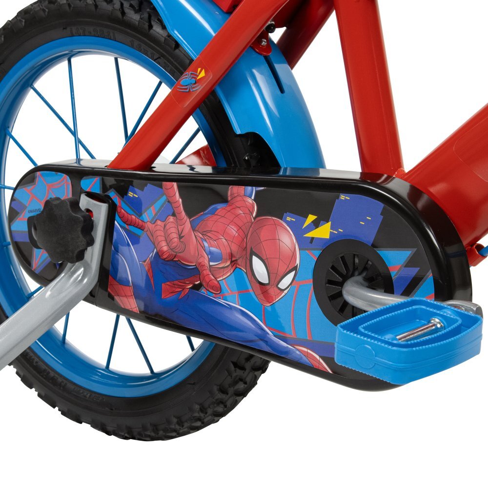 Huffy Bicicleta copii Spiderman 24944W 14 inch cu roti ajutatoare si sticluta de apa cu suport varsta 4-6 ani inaltimea 105-117 cm scaun si ghidon reglabile pe inaltime anvelope cu profil gros