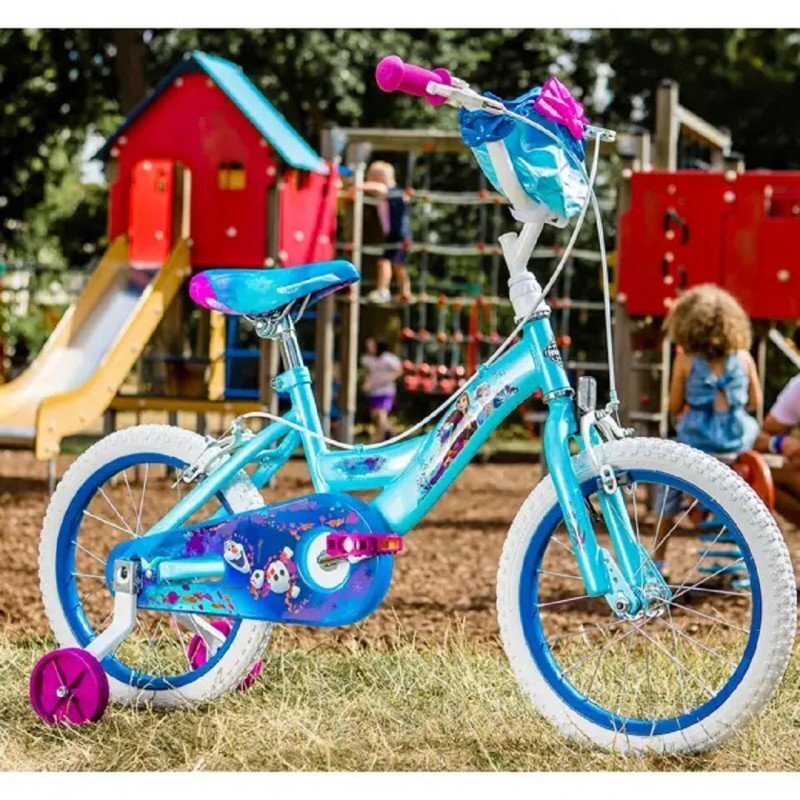 Huffy Bicicleta fetite Frozen Mov 16 inch cu gentuta si roti ajutatoare varsta 5-7 ani inaltimea 112-127 cm scaun si ghidon reglabile pe inaltime frana de mana pe ambele roti