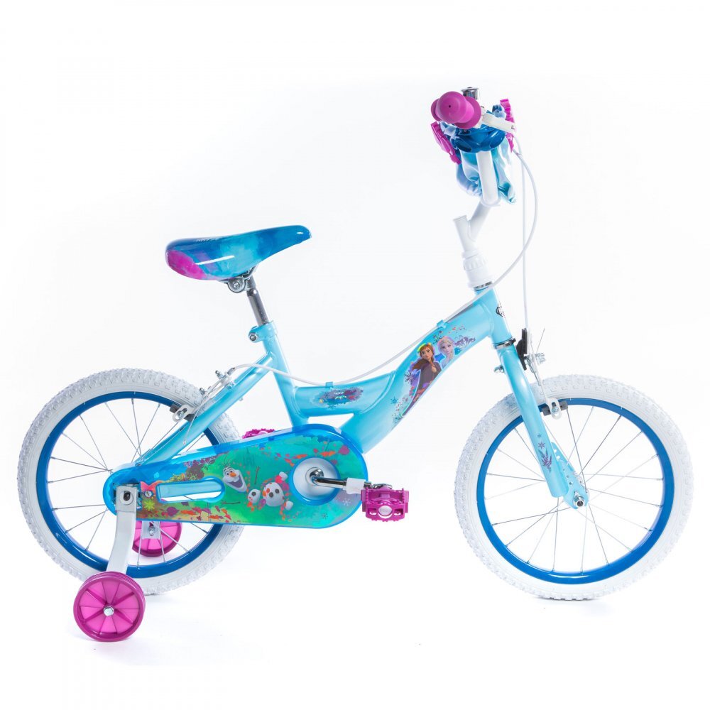 Huffy Bicicleta fetite Frozen Mov 16 inch cu gentuta si roti ajutatoare varsta 5-7 ani inaltimea 112-127 cm scaun si ghidon reglabile pe inaltime frana de mana pe ambele roti