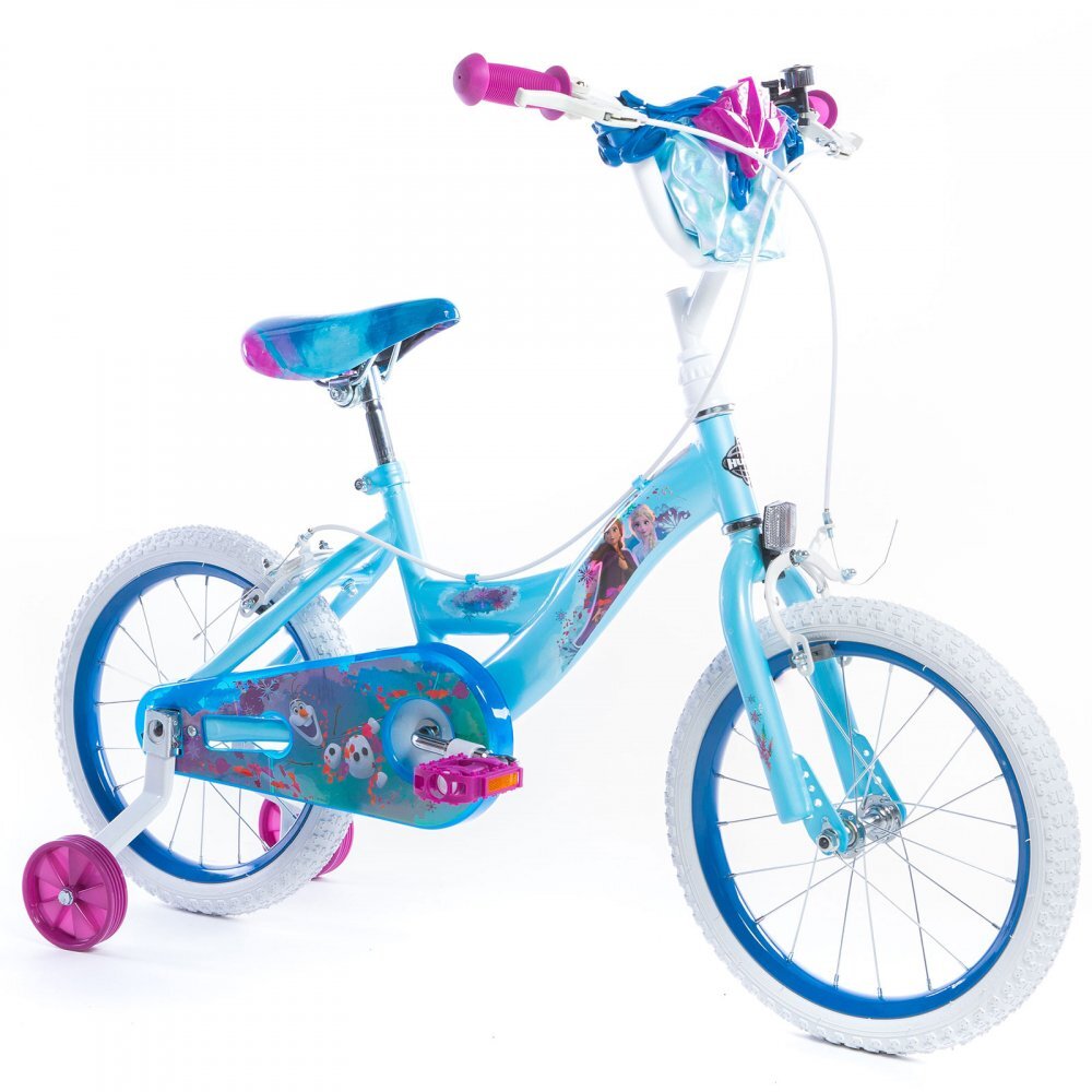 Huffy Bicicleta fetite Frozen Mov 16 inch cu gentuta si roti ajutatoare varsta 5-7 ani inaltimea 112-127 cm scaun si ghidon reglabile pe inaltime frana de mana pe ambele roti