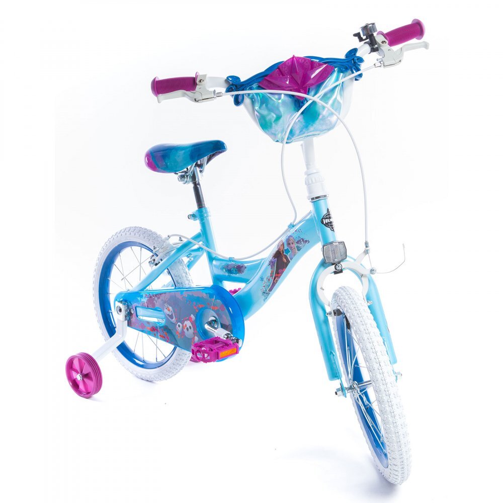 Huffy Bicicleta fetite Frozen Mov 16 inch cu gentuta si roti ajutatoare varsta 5-7 ani inaltimea 112-127 cm scaun si ghidon reglabile pe inaltime frana de mana pe ambele roti