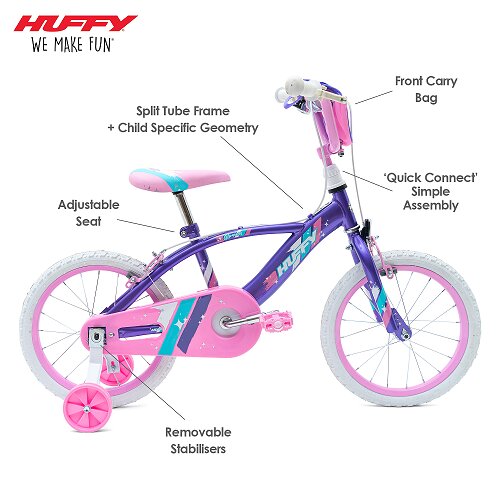 Huffy Bicicleta fetite Glimmer Violet 16 inch cu gentuta pentru ghidon varsta 5-7 ani inaltimea 112-127 cm scaun si ghidon reglabile pe inaltime frana de mana pe ambele roti anvelope cu profil gros