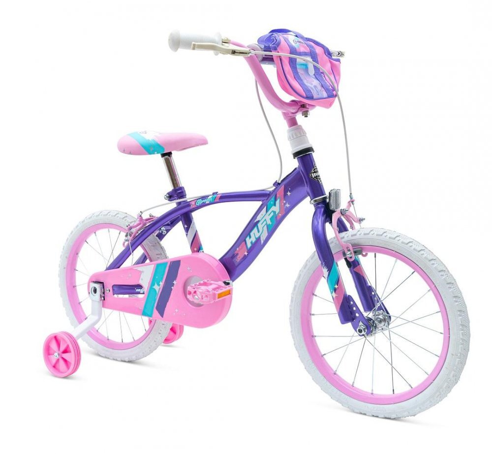 Huffy Bicicleta fetite Glimmer Violet 16 inch cu gentuta pentru ghidon varsta 5-7 ani inaltimea 112-127 cm scaun si ghidon reglabile pe inaltime frana de mana pe ambele roti anvelope cu profil gros