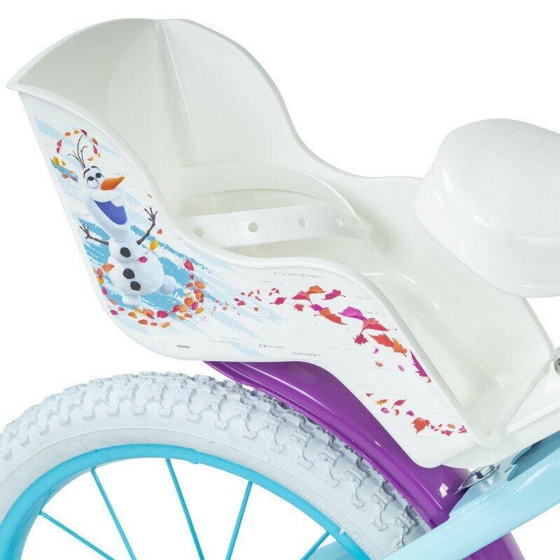Huffy Bicicleta pentru copii Frozen II 16 inch cu roti ajutatoare si cosulet frana de mana pe ambele roti scaun si ghidon reglabile pe inaltime scaun pentru papusa in spate varsta 4-6 ani