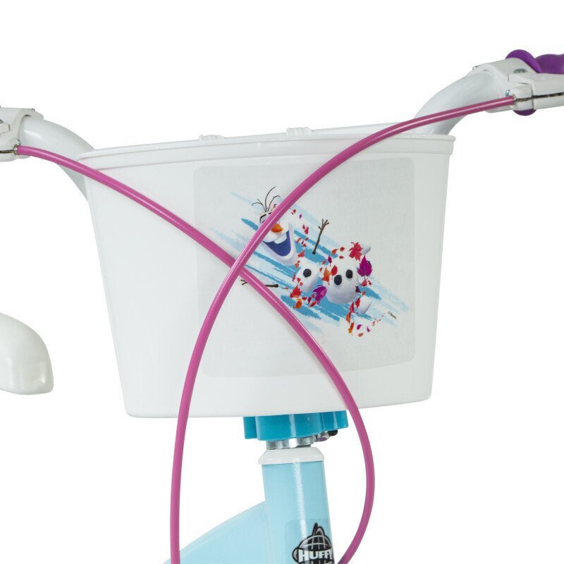 Huffy Bicicleta pentru copii Frozen II 16 inch cu roti ajutatoare si cosulet frana de mana pe ambele roti scaun si ghidon reglabile pe inaltime scaun pentru papusa in spate varsta 4-6 ani