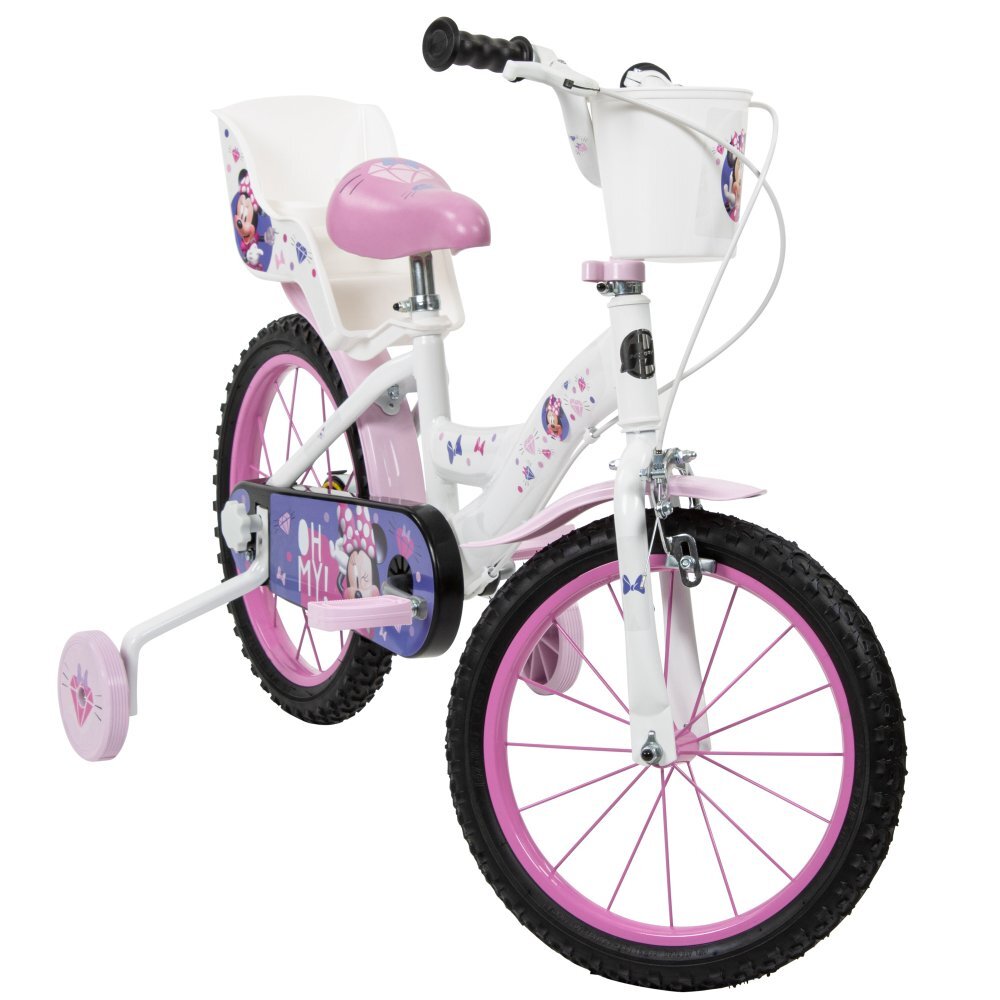 Huffy Bicicleta pentru copii Minnie 16 inch cu roti ajutatoare si cosulet frana de mana pe ambele roti scaun si ghidon reglabile pe inaltime scaun pentru papusa in spate varsta 4-6 ani