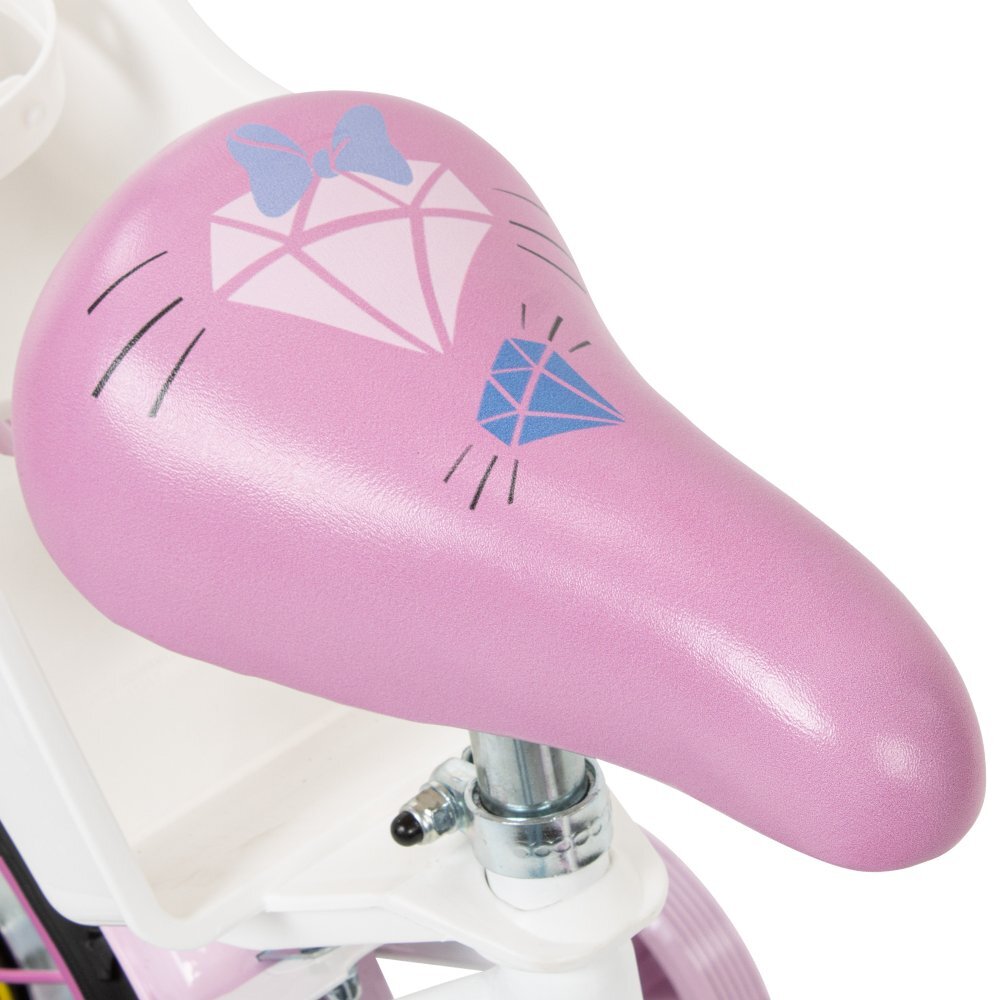 Huffy Bicicleta pentru copii Minnie 16 inch cu roti ajutatoare si cosulet frana de mana pe ambele roti scaun si ghidon reglabile pe inaltime scaun pentru papusa in spate varsta 4-6 ani
