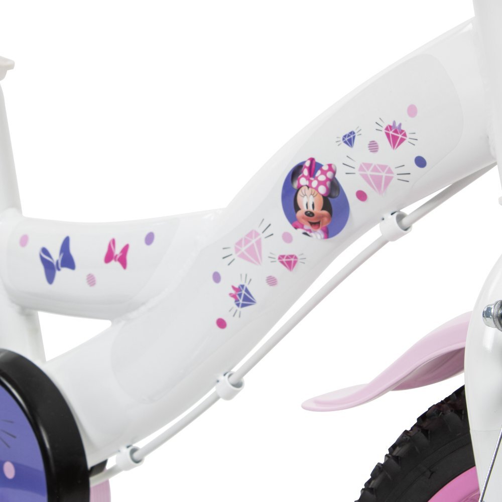 Huffy Bicicleta pentru copii Minnie 16 inch cu roti ajutatoare si cosulet frana de mana pe ambele roti scaun si ghidon reglabile pe inaltime scaun pentru papusa in spate varsta 4-6 ani