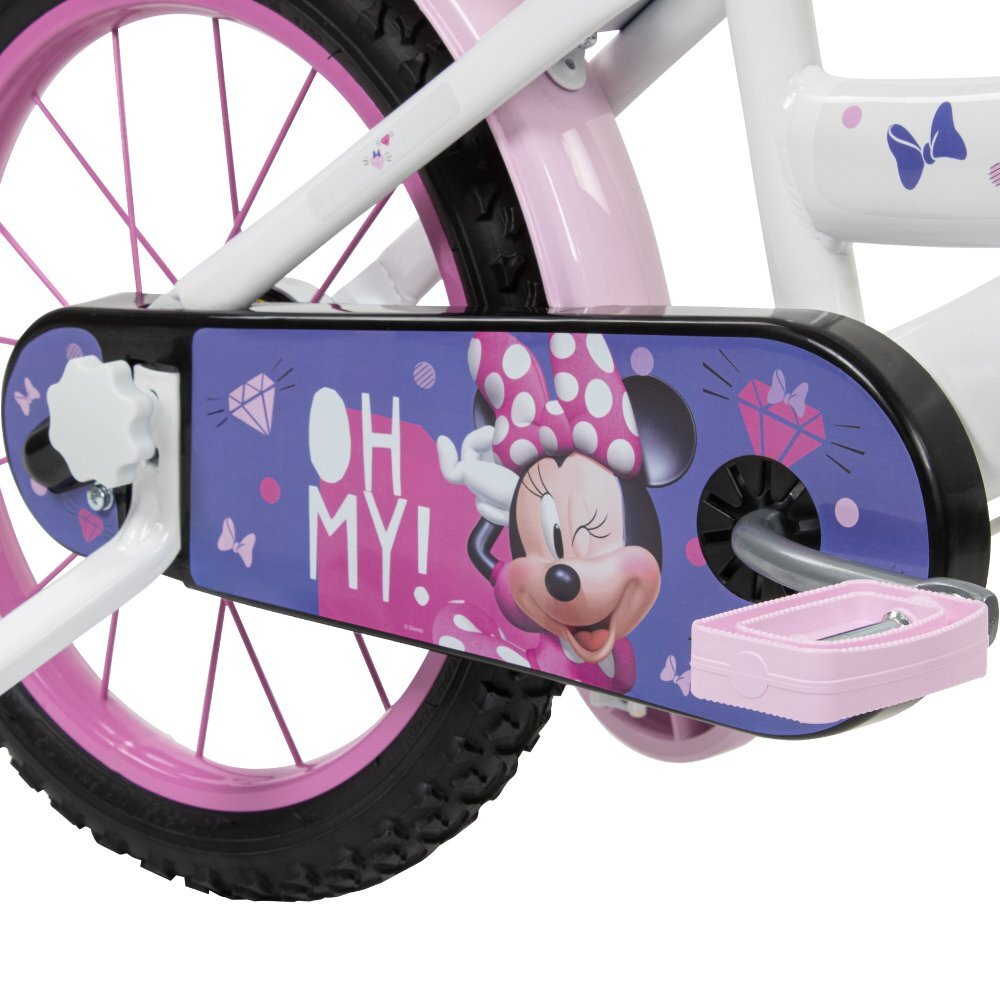 Huffy Bicicleta pentru copii Minnie 16 inch cu roti ajutatoare si cosulet frana de mana pe ambele roti scaun si ghidon reglabile pe inaltime scaun pentru papusa in spate varsta 4-6 ani