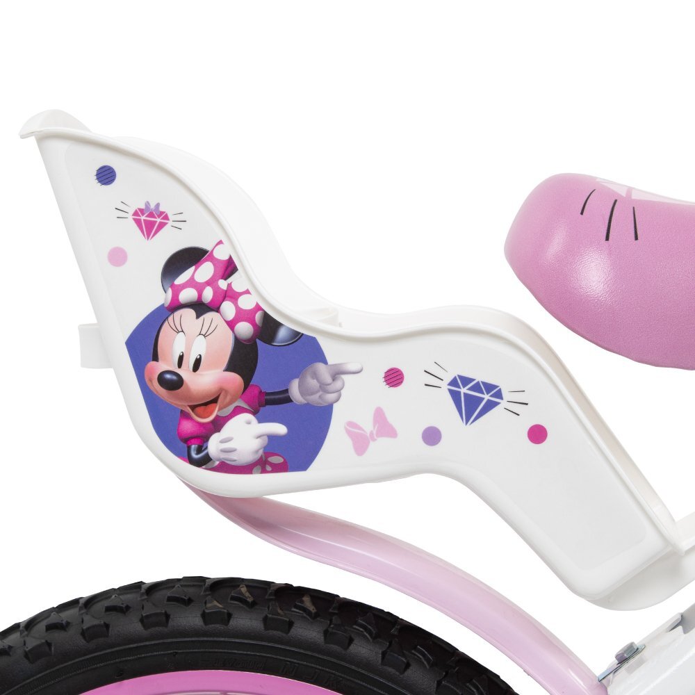 Huffy Bicicleta pentru copii Minnie 16 inch cu roti ajutatoare si cosulet frana de mana pe ambele roti scaun si ghidon reglabile pe inaltime scaun pentru papusa in spate varsta 4-6 ani