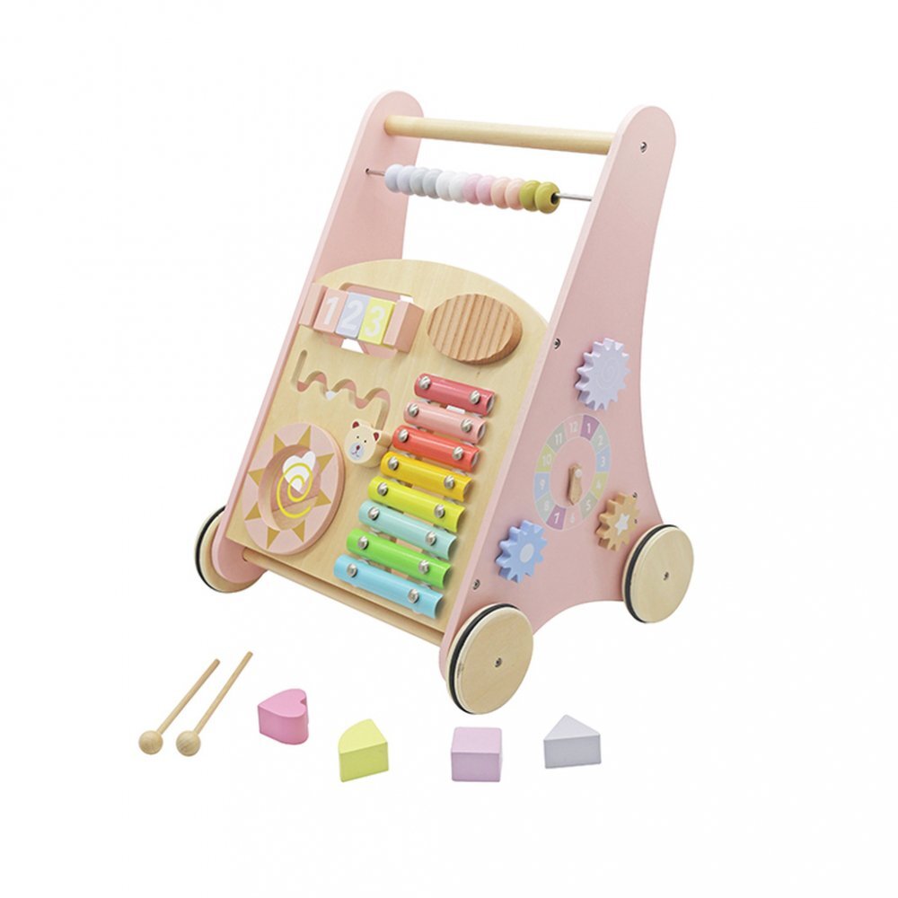 Ikonka Antepremergator cu multiactivitati pentru copii pink realizat din lemn cu xilofon muzical labirint si forme de potrivit