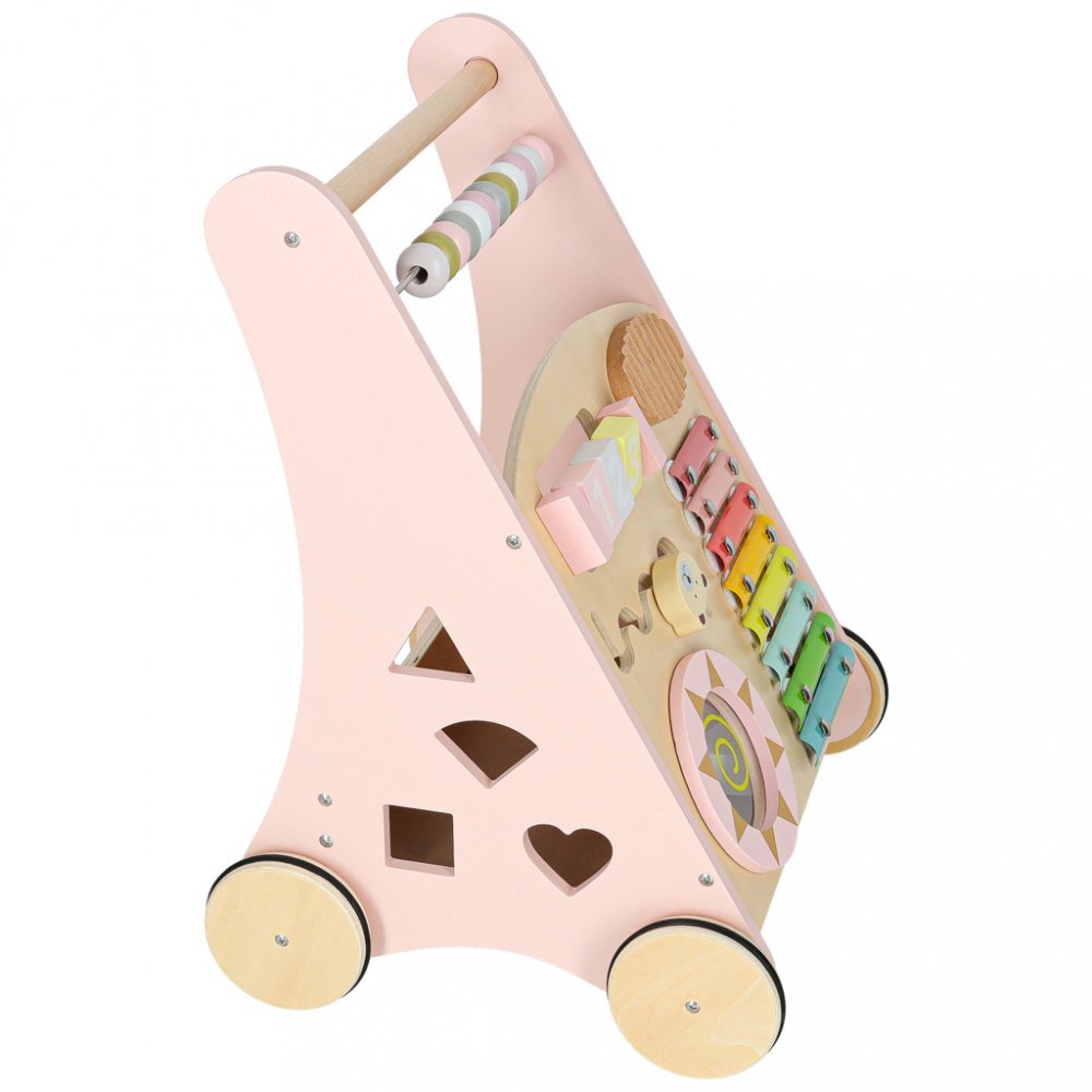 Ikonka Antepremergator cu multiactivitati pentru copii pink realizat din lemn cu xilofon muzical labirint si forme de potrivit