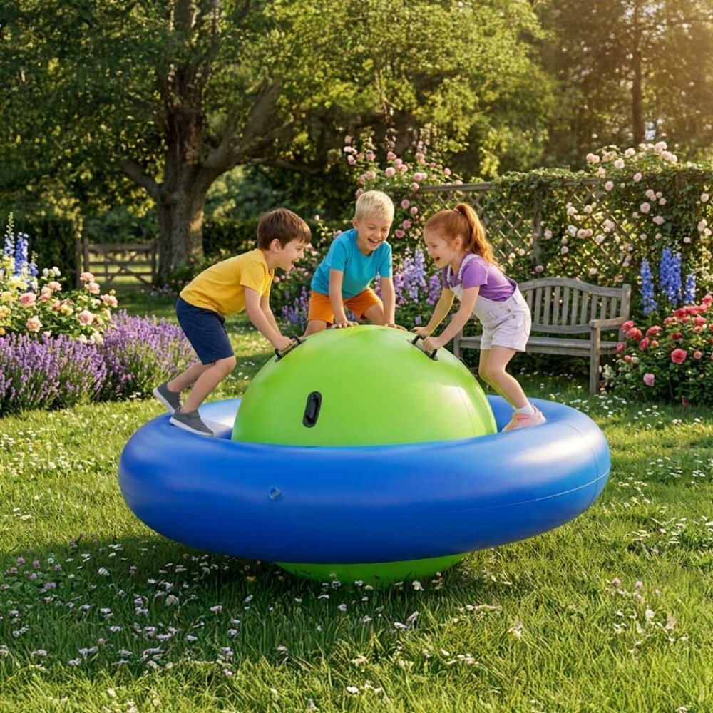 Ikonka Balansoar gonflabil gigant de echilibru BlueGreen capacitate pana la 3 utilizatori sarcina maxima 150 kg cu 6 manere de suport dimensiune 223 x 123 cm