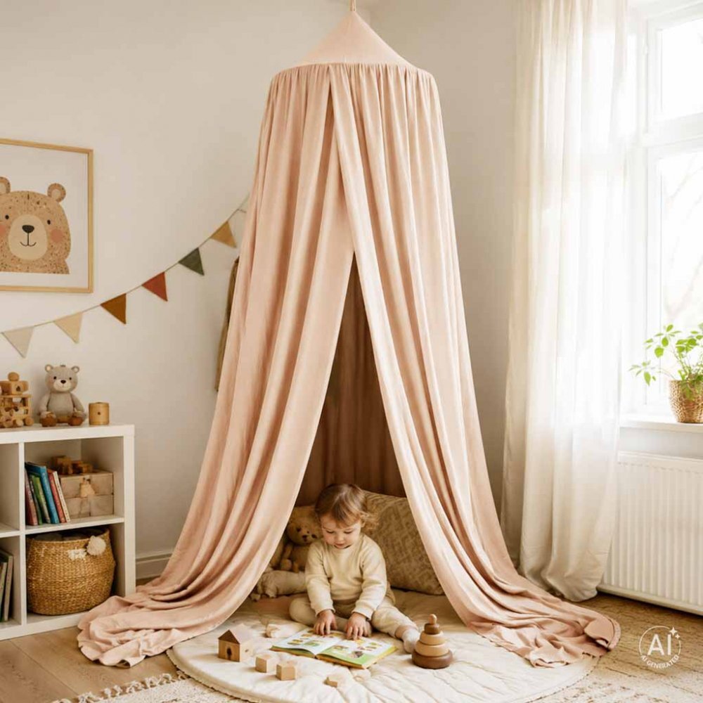 Ikonka Baldachin pentru copii Beige Boho tip cort tipi de suspendat include set complet pentru montaj inaltime totala 280 cm