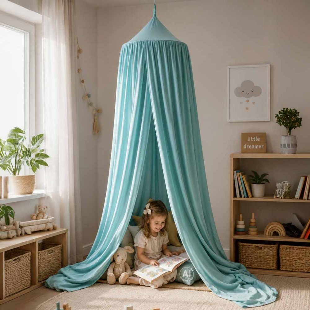Ikonka Baldachin pentru copii Blue Boho tip cort tipi de suspendat include set complet pentru montaj inaltime totala 280 cm