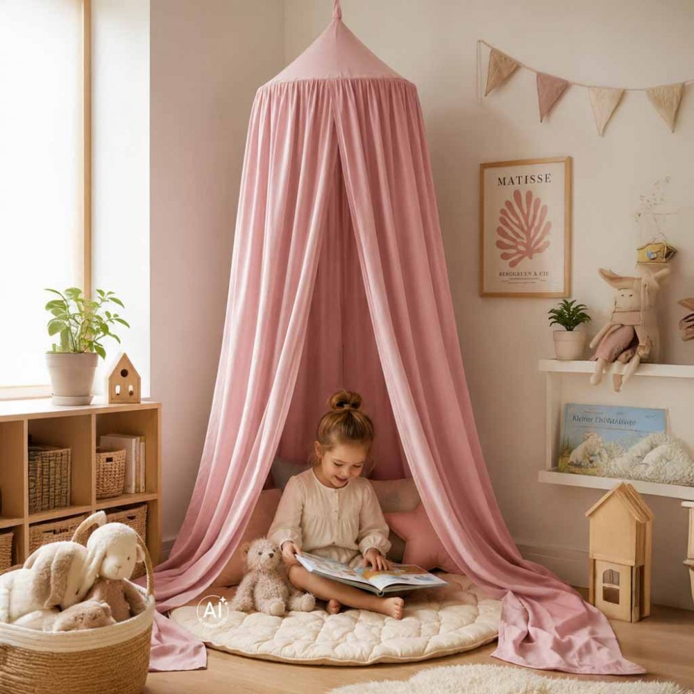 Ikonka Baldachin pentru copii Pink Boho tip cort tipi de suspendat include set complet pentru montaj inaltime totala 280 cm