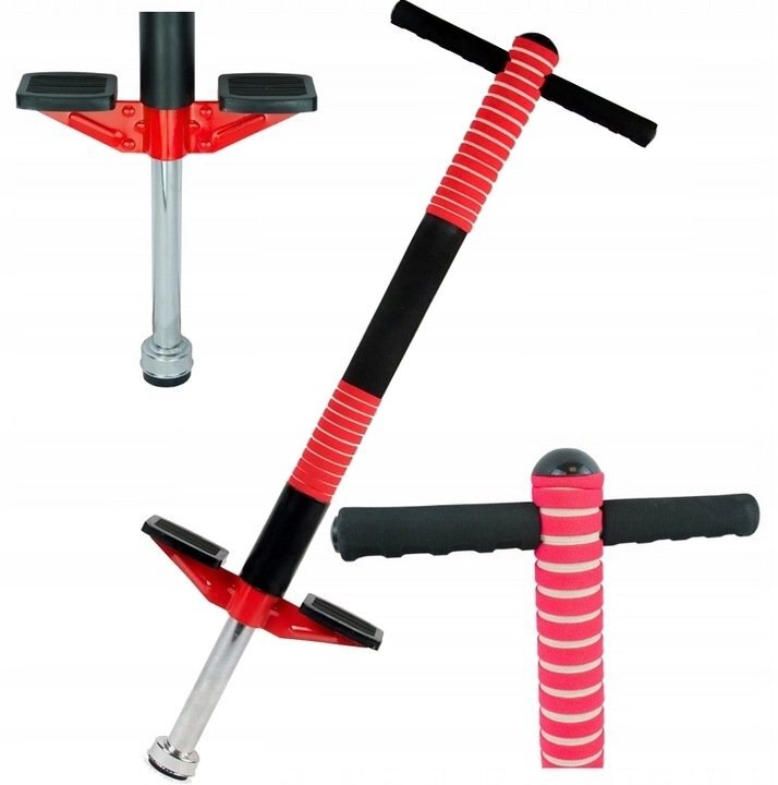 Ikonka Bara de sarituri si echilibru pentru copii Ikona cu inaltime reglabila manere din aluminiu imbracate in spuma moale trepte antiderapante Pogo Red